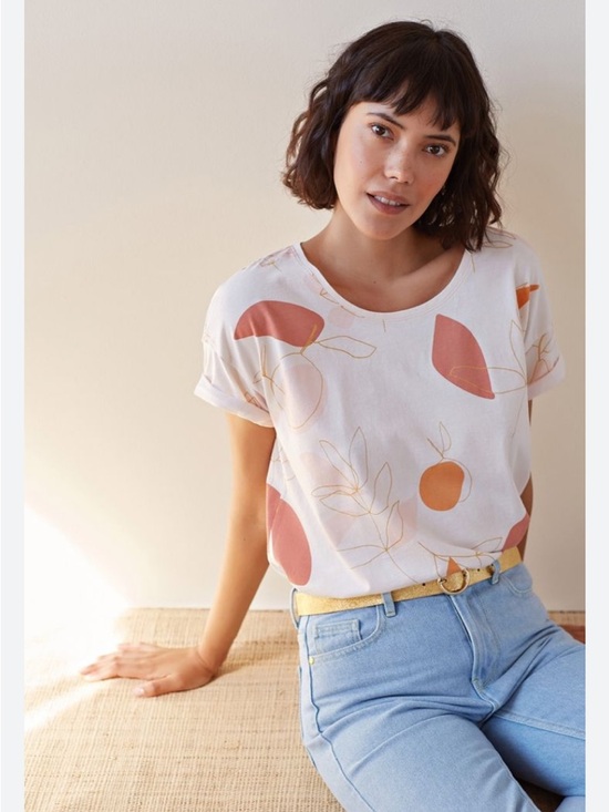 Des Petits Hauts Tops - 🇫🇷 Cream Short-Sleeve Tee with Rust Floral and Peach Motif
